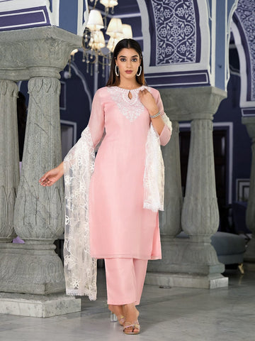 Varanga Women Pink Kota Check Thread Embroidered Kurta With Tonal Solid  Bottom And  Net Self Embroidered Dupatta